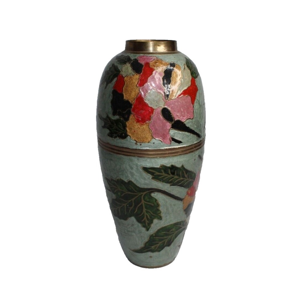 Vintage Brass and Enamelled FLORAL VASE Cloisonne Style Made in India